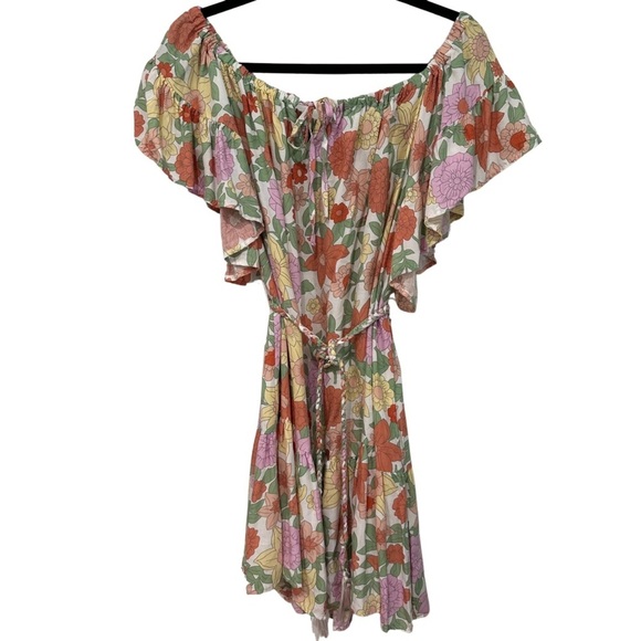Rachel Zoe Floral Dress Multicolored Braided Belt Flutter Sleeve Boho Large NWT - Picture 1 of 10
